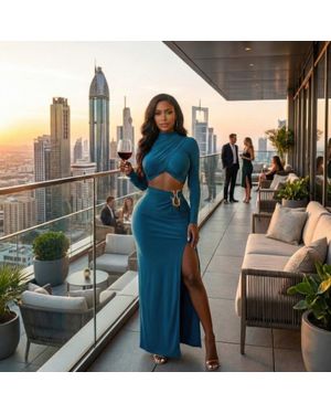 TRUEDAMES High Slit Side Maxi Skirt Set - Blue