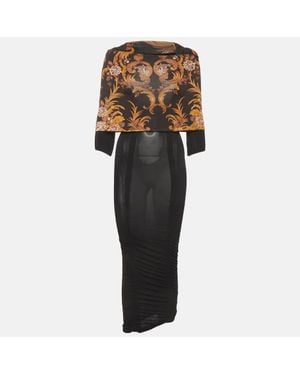 Just Cavalli Floral Print Jersey Ruche Midi Dress - Black