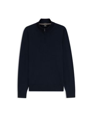 BOSS Merino-Wool Sweater With Zipper Neck - Blue