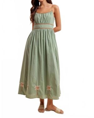 In-Loom Embroidered Contrast Sleeveless Maxi Dress - Green