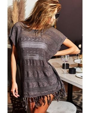 TRUEDAMES Fringed Hem Short Sleeve Knit Top - Brown
