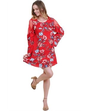 Umgee Ruffled Lace Floral Bell Sleeve Dress - Red
