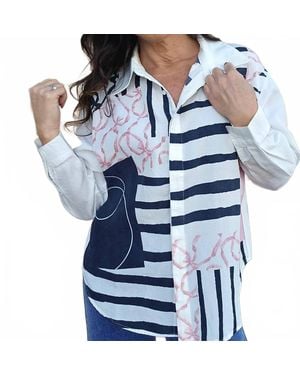 Elior Stripes And Bows Button Front Blouse - Blue