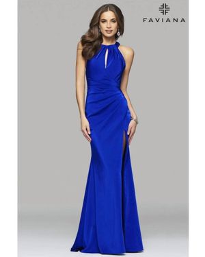Faviana Front Slit Low Back Gown - Blue