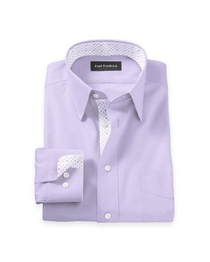Paul Fredrick Tailored Fit Comfort Stretch Non-Iron Solid Dress Shirt With Contrast Trim - Purple