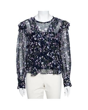 Isabel Marant Floral Printed Silk & Lurex Ruffle Trimmed Blouse - Blue