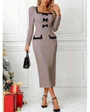 TRUEDAMES Houndstooth Bow Square Neck Dress - Natural
