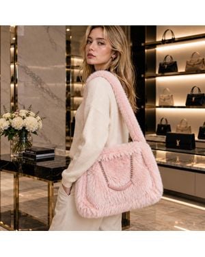 Fashnzfab Solid Plush Faux Fur Shoulder Tote Bag - Natural