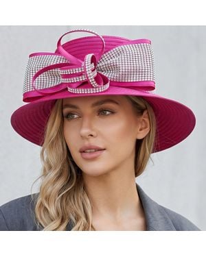 Fashnzfab Bling Studded Bow Accent Wide Brim Statement Dressy Hat - Purple