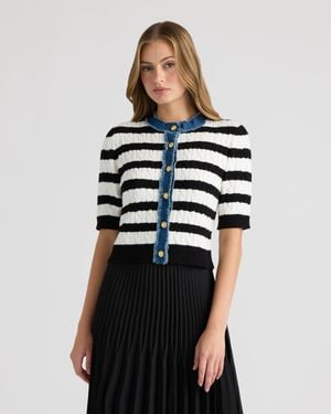 NVLT Short Sleeve Cable Sweater With Denim Trim - Blue