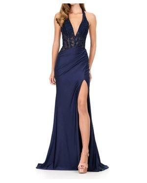 Ashley Lauren Halter Embroidered Lace Bodice Gown - Blue