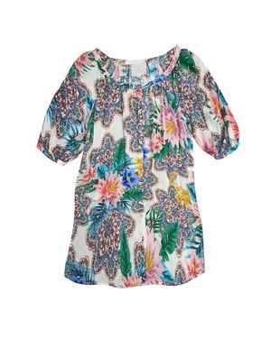 Johnny Was Bryony Mini Dress Half Sleeve Peasant Print Rayon - Blue