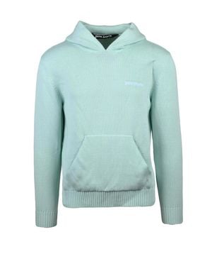 Palm Angels Aqua Knit Hoodie With Embroidered Detailing - Blue