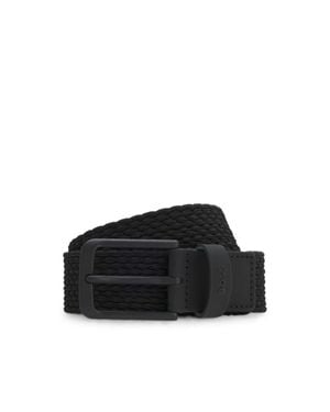 BOSS Woven Belt With Leather Trims And Logo Detail - Black