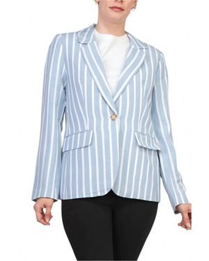 Philosophy Notched Collar Long Sleeve Linen Cotton Blend Blazer - Blue