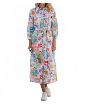 Vilagallo Long Dress With Travel Stamp Print - Blue