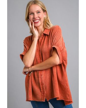 TRUEDAMES Full Size Cotton Gauze Mineral Wash Button Down Shirt Plus Size - Orange