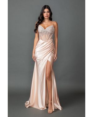 DQ Beaded Satin Prom Dress With Sheer Corset Bodice, Spaghetti Straps, And Ruched Side Slit Skirt - Gray