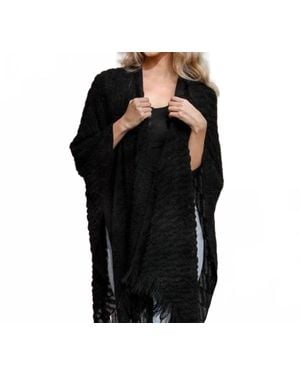 Leto Soft Diagonal Knit Fringe Trim Ruana Wrap Shawl - Black