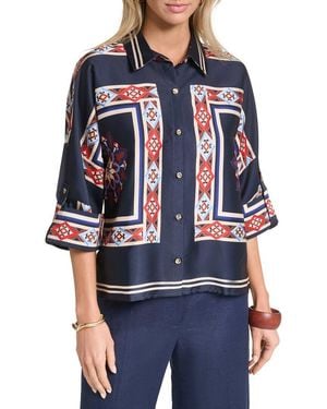 Halston Scarf Printed Button Up Blouse - Blue