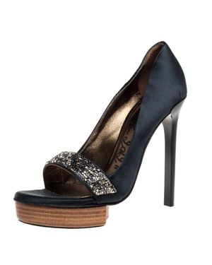 Lanvin Dark Satin Crystal Embellished Open Toe Platform Pumps - Black