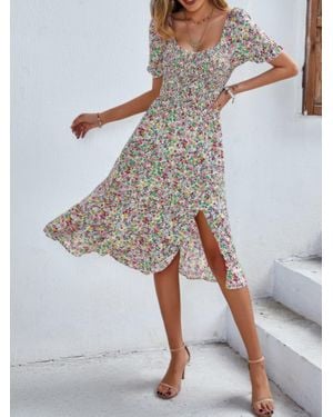 TRUEDAMES Fashnzfab Bohemia Floral Puff Sleeve Flounce Sleeve Dress - Gray