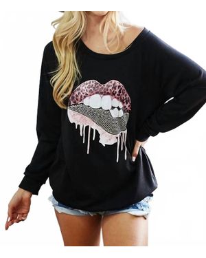 Bibi Lip Patch French Terry Knit Pullover With Rhinestone - Black