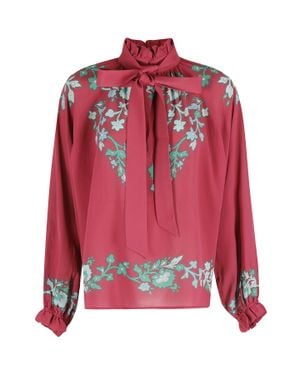 La DoubleJ Burgundy Cerere High-Necked Ribbon-Draped Viscose Blouse - Red