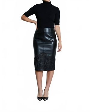 Tahari Vegan Leather Applique Lace Skirt - Black