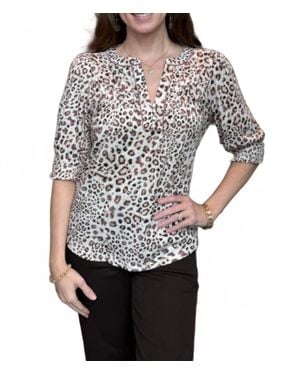 Democracy Print Top With Elbow Blouson Sleeve And Pintuck Detail - Gray