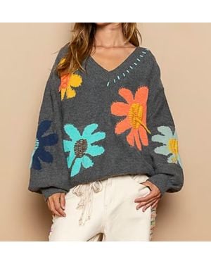 Pol Floral V-Neck Sweater - Blue