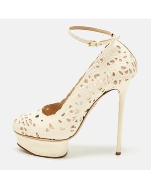 Charlotte Olympia Cream Cut Out Leather Scribble Dolores Ankle Strap Platform Pumps - Natural