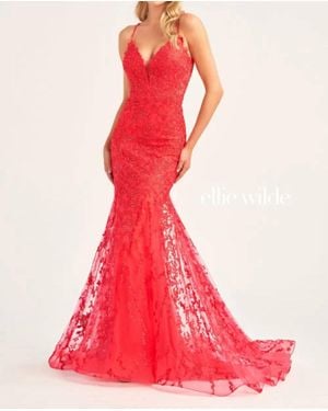 Ellie Wilde Embroidered Tulle Plunging V-Neckline And Low Back Mermaid Dress - Pink