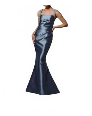 Mgny Satin Square Neck Draped Bodice Dress - Blue