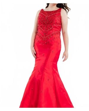 Rachel Allan Boatneck Beaded Mikado Mermaid Gown - Red