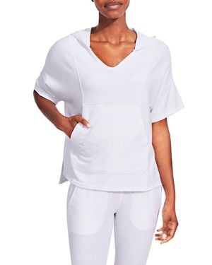 Kensie V-Neck Ribbed Short Sleeve Pullover Sweatshirt - White