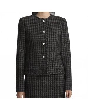 Lafayette 148 New York Houndstooth Wool Tweed Collarless Jacket - Black