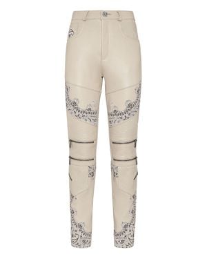 Philipp Plein Leather Long Pants Paisley Bandana - Natural