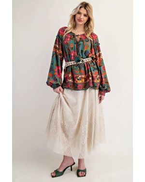 Easel Exclusive Mixed Floral Print Woven Challis Top - Pink