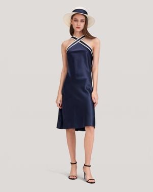 LILYSILK Glossy Camellia Silk Halter-neck Dress For - Blue