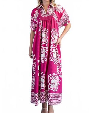 Gigio Mixed Print Short Puff Sleeve Midi Dress - Pink