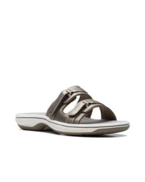 Clarks Breeze Piper Sandals Pewter Round Toe Slip-On Slide Hawk1252 - Brown