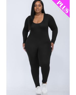 TRUEDAMES Plus Size Scoop Neck Long Sleeve Bodycon Jumpsuit - Black
