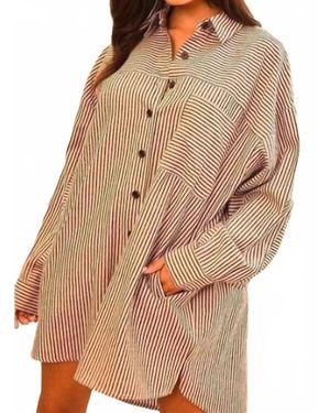 Main Strip Collar Neck Stripe Print Shirt Mini Dress - Natural