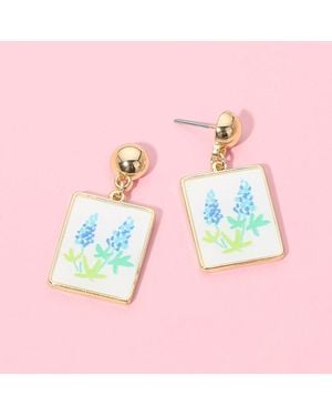 Fashnzfab Floral Print Frame Drop Dangle Earrings - Pink