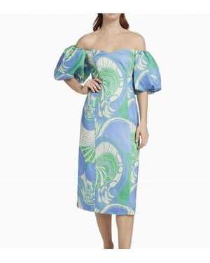 RHODE Karima Short Puff Sleeves Midi Dress - Blue