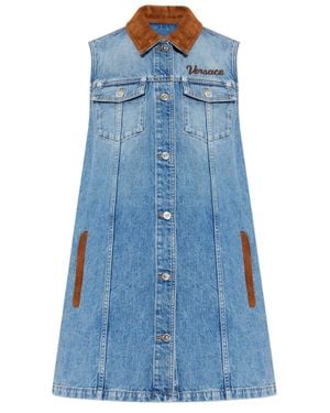 Versace Light Denim/Marrone Cotton Denim Sleeveless Dress - Blue
