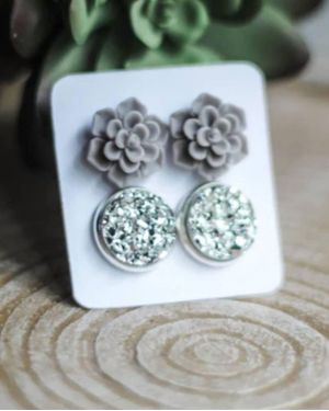 Urban Gemms Succulent & Druzy Stud Earring Set - Gray