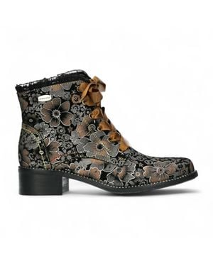 Laura Vita Emcmao-45 Floral Gothic Victorian Leather Ankle Heeled Boots - Black