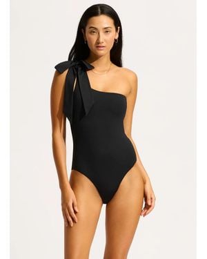 Seafolly Beau One Shoulder One Piece Stretch Swimsuits Red72 - Black